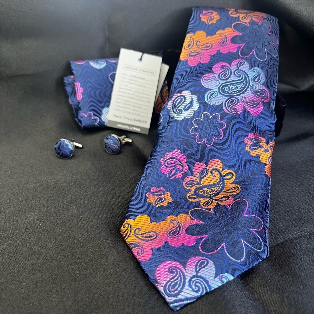 NWT- Silk Floral Patterned Tie Set in Blue and Pink - Picture 2 of 4